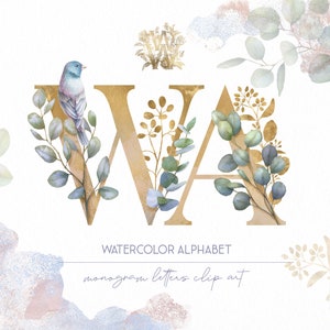 Eucalyptus alfabet Aquarel clipart, gouden bloemen letters clip art, bruiloft ABC monogram png initialen groen transparante uitnodiging