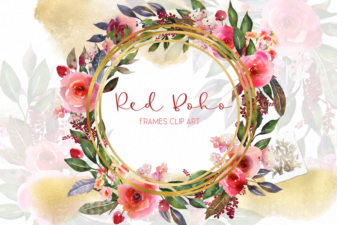 Red Rose Watercolor Wreath Clipart: Hand-drawn Boho Floral Frames (PNG ...