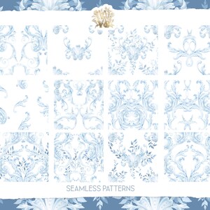 May include: A set of 12 seamless patterns featuring intricate blue and white damask designs. The patterns are perfect for adding a touch of elegance to any project.