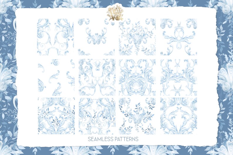 May include: A set of 12 seamless patterns featuring intricate blue and white damask designs. The patterns are perfect for adding a touch of elegance to any project.