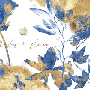 Gouden en blauwe bloem ClipArt, goudfolie abstracte vormen clip art, grafische tulp peony, luxe bruiloft png spatten