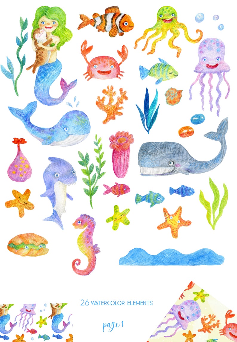 Download Watercolor sea creatures clipart cute kids mermaid baby ...