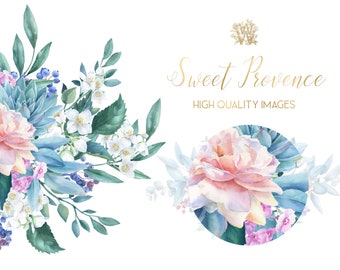 Pfirsich Blumen-Hochzeitssträuße Clip Art, handgemalte Aquarell Rose Blume Clipart, Provence Grenzen PNG