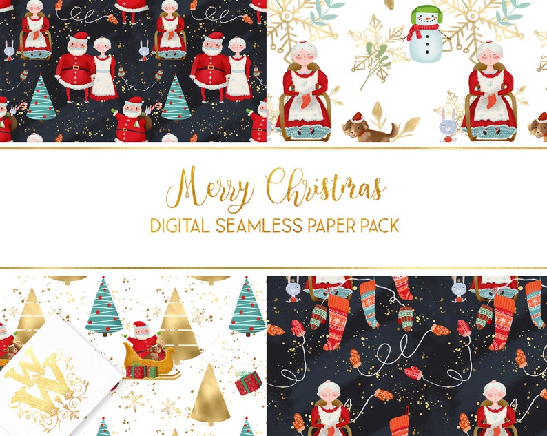 Craft Supplies Tools Christmas Printable Digital Paper Mrs Santa Ornament Decor Xmas Gift Wrap Download New Year Golden Deer Snowman Backdrop Seamless Family Paper