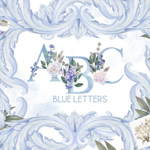 Clipart monogramma floreale blu, clipart iniziali matrimonio acquerello, lettere ornate PNG, ornamento vintage, invito rosa bianca, disegnato a mano