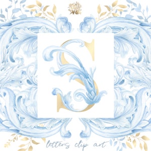 Imágenes prediseñadas de letras doradas y azules, imágenes prediseñadas de monograma de baby shower, alfabeto PNG, iniciales vintage, cresta ABC, adorno de fantasía, logotipo, hojas