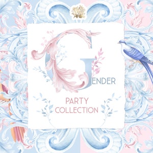 Sexe fête des cliparts, téléchargement de baby shower - cadre baroque PNG, aquarelle bleu rose, clipart anniversaire neutre, alphabet monogramme