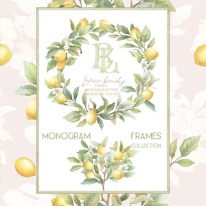Citron Clipart Set | Handritade Amalfi-blommor, botaniska ramar, PNG-kransar och monogrambokstäver