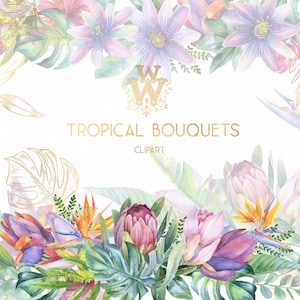 Watercolor tropical clip art, floral border clipart, exotic flower wedding arrangement, summer paradise party invitation bouquet palm leaf