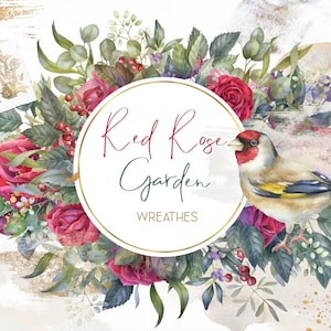 Clipart couronne de roses rouges peint à la main, cadre floral Bordeaux, bordure de mariage Marsala PNG, feuille d'or & Design oiseau