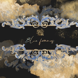 Goudfolie frame clipart, barokke ornamentranden, koninklijke bruiloft png, geel en blauw, antiek, shabby chique krans, gouden familiewapen