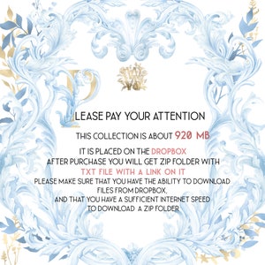 May include: A blue and gold decorative image with the text "LEASE PAY YOUR ATTENTION", "THIS COLLECTION IS ABOUT 920 MB", "IT IS PLACED ON THE DROPBOX", "AFTER PURCHASE YOU WILL GET ZIP FOLDER WITH", "TXT FILE WITH A LINK ON IT", "PLEASE MAKE SURE THAT YOU HAVE THE ABILITY TO DOWNLOAD FILES FROM DROPBOX", "AND THAT YOU HAVE A SUFFICIENT INTERNET SPEED TO DOWNLOAD A ZIP FOLDER".