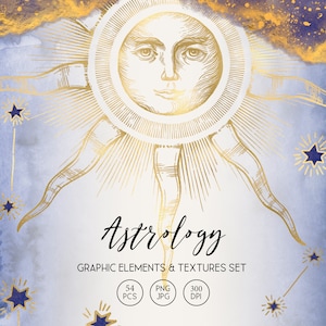 Astrology clipart, zodiac clip art, Horoscope PNG graphics, antient constellation, gold foil antique sun face, blue splashes, Old Style