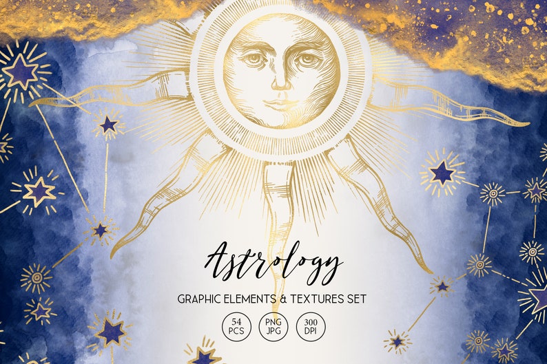 May include: An astrology-themed graphic elements and textures set. The image features a golden sun with a face, surrounded by radiating lines, stars, and constellations against a blue and gold watercolour background. The word "Astrology" is written in cursive.