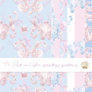 Rosa blauer Hintergrund für Babyparty, Geburtstagsparty Hintergrund, Aquarell Barock Hintergrund, Hintergrund zum ausdrucken, königlicher Hintergrund