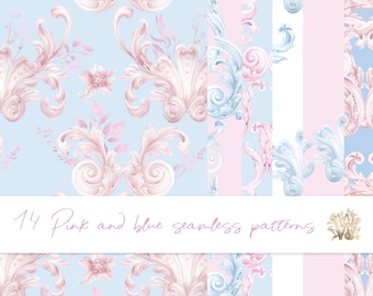 May include: 14 seamless patterns featuring pink and blue ornate designs on a light blue background. The patterns are inspired by baroque and rococo styles.