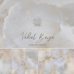 Puede incluir: Un conjunto de 8 imágenes de fondo de mármol digital en un color beige suave. Las imágenes se llaman "Velvet Beige Marble Backdrop Kit".