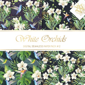 May include: A digital paper pack with four seamless patterns featuring white orchids, green leaves, and blue hummingbirds on a black background with gold glitter. The text "White Orchids" and "Digital Seamless Paper Pack #2" is displayed on a white banner.