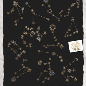 May include: A black background displays gold constellations with blue star details. The constellations are arranged randomly. A small floral design with the letter "W" is in the bottom right corner.