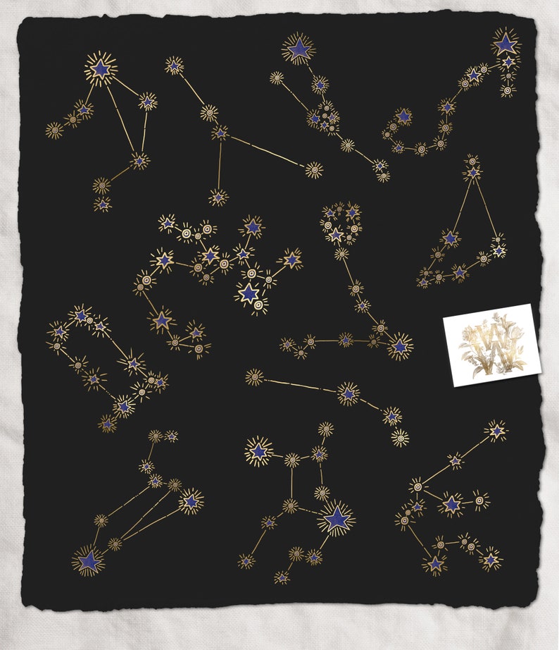 May include: A black background displays gold constellations with blue star details. The constellations are arranged randomly. A small floral design with the letter "W" is in the bottom right corner.