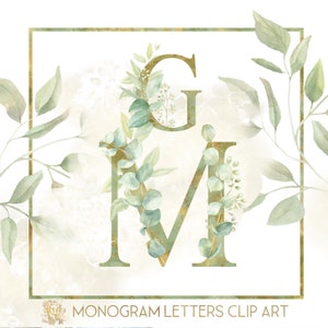 Clipart de alfabeto de vegetação em aquarela, clipart de letras e números de casamento, monograma de ouro, logotipo de eucalipto dourado png, inicial de folhas verdes