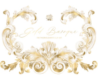 Gold Baroque Ornament ClipArt: Hand Drawn Watercolor Regency Ornate Elements (PNG)