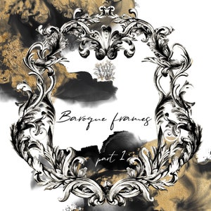 Black and White Baroque Gothic Frames Clip Art, Vintage Ornate Borders, Black Gold Abstract Splashes PNG