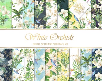 May include: A digital paper pack with 12 seamless patterns featuring white orchids, hummingbirds, and tropical leaves. The patterns are in various colors, including green, blue, yellow, and pink. The text "White Orchids Digital Seamless Paper Pack #1" is displayed at the top of the image.