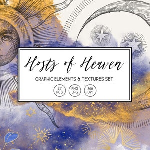 Lua de sol de estilo antigo medieval com clipart de rostos, clipart de nuvens, estrelas florais png elementos gráficos, aquarela salpicos dourados astrologia