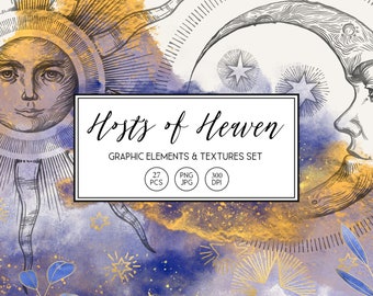 Sun and Moon graphics Clipart: hand-drawn Celestial PNG (Digital Download), manuscript style drawing