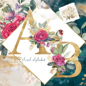 Aquarel bloemen alfabet clipart, gouden letters clip art, bruiloft ABC monogram png met rode rozen initialen transparante achtergrond uitnodiging