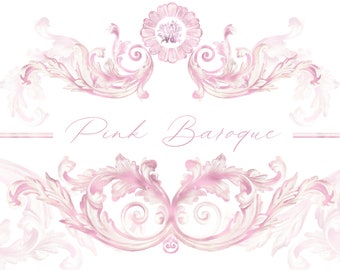 Pink baroque ornaments clipart, Hand drawn elegant clip art, ornamental birthday png