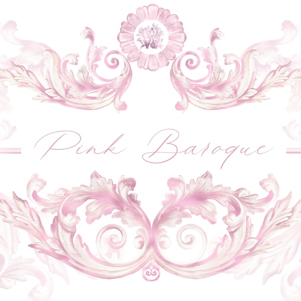 Pink baroque ornaments clipart, Hand drawn elegant clip art, ornamental birthday png