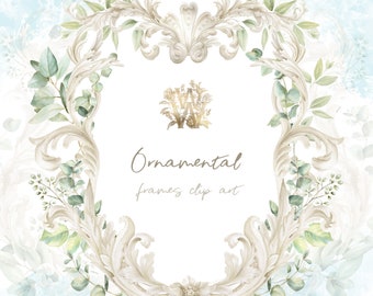 Watercolor Eucalyptus Frame Clipart: Baroque Wedding Borders (PNG)