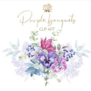 Clipart de borda violeta aquarela, clipart de flores lilás, png floral roxo, folhas de eucalipto, buquê de casamento de primavera, gráficos vintage