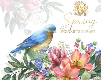 Clipart floral de primavera, clipart de borda em aquarela, moldura de Páscoa, lírio laranja, tulipa, guirlanda desenhada à mão, prímulas, pássaro azul, folhagem.