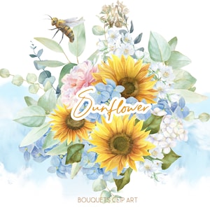 Op de afbeelding: Waterverf schilderij van een boeket met zonnebloemen, hortensia's en witte bloemen met een bij en het woord "Sunflower" in cursief.