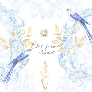 Blauer Aquarell Rahmen, Clip Art Barockrahmen, Goldfolie Blätter, Winter Ornament PNG, Babyparty, königlicher Kronprinz Prinz Stil
