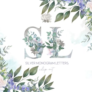 Imágenes prediseñadas de monograma floral, imágenes prediseñadas de iniciales de boda de plata, letras de acuarela, borde de rosa blanca, alfabeto PNG, ABC, números, dibujado a mano