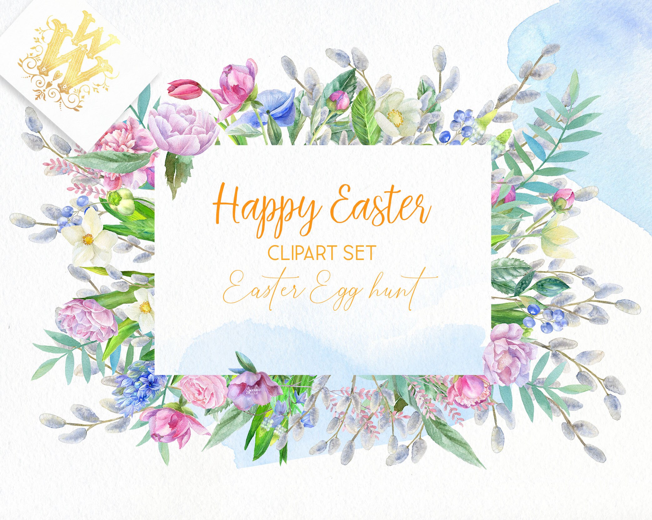 Watercolor Easter Clipart, Hand-drawn Spring Bunny Floral Wreath PNG - Etsy