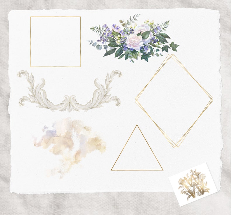 Clipart z kwiatowym alfabetem, monogram PNG, białe litery róży, herb ślubny ze złotej folii, malowane ręcznie zdjęcie 3