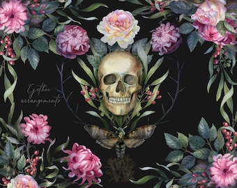 Gothic Floral Skull PNG Border: Dark Watercolor Clipart, Halloween bouquets, (Digital Download)