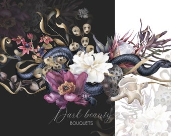 Gothic Flower Clipart: Dark Moody Florals with Snake (PNG)