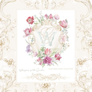 Viktorianische Blumen Crest Clipart | Handgemalter botanischer Monogramm-Rahmen, Hochzeits-Logo-Set