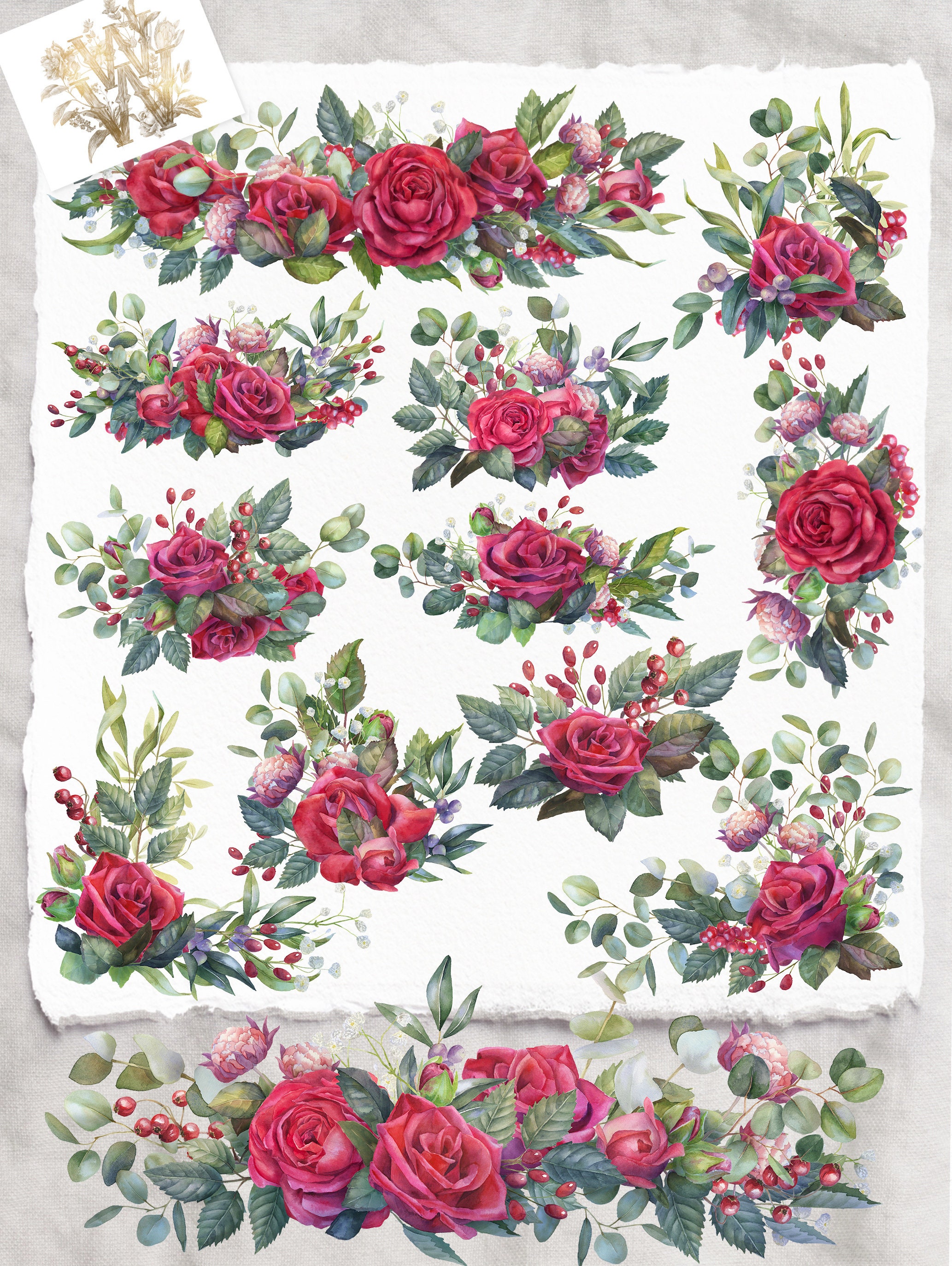 Watercolor Red Rose Clipart: Burgundy Floral Border, Gold Frame (PNG ...