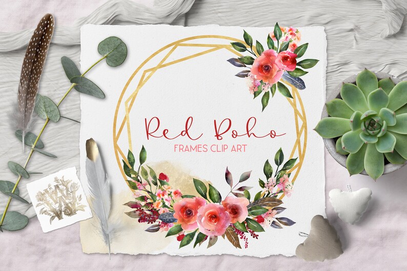 Red Rose Watercolor Wreath Clipart: Hand-drawn Boho Floral Frames (PNG ...