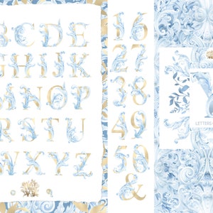 May include: Gold alphabet and numbers with blue and white floral embellishments on a white background. The letters and numbers are ornate and have a vintage style. The image also includes the text "Letters Clip Art".