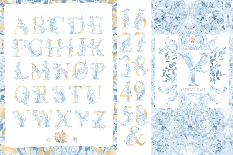 May include: Gold alphabet and numbers with blue and white floral embellishments on a white background. The letters and numbers are ornate and have a vintage style. The image also includes the text "Letters Clip Art".