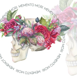 Watercolor floral skull clip art, skeleton clipart, anatomy gothic png, tattoo print red rose printable decor Halloween Sublimation Design