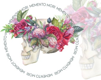 Watercolor Floral Skull Clip Art: Gothic Halloween PNG (Digital Download)